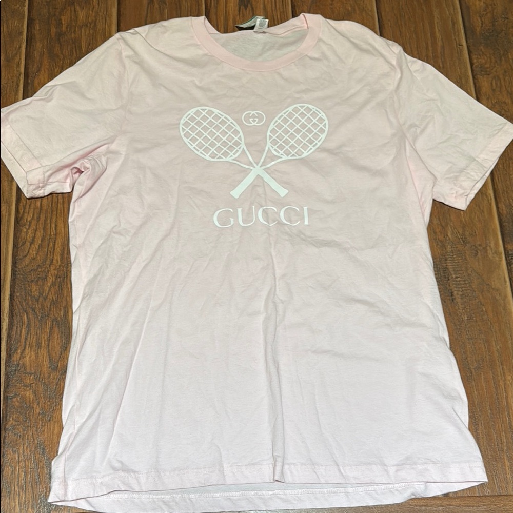 Gucci Pink Short Sleeve Tee with tennis rackets, size xl